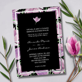 Chic Lila Magnolias auf Black Wedding Silver Folieneinladung