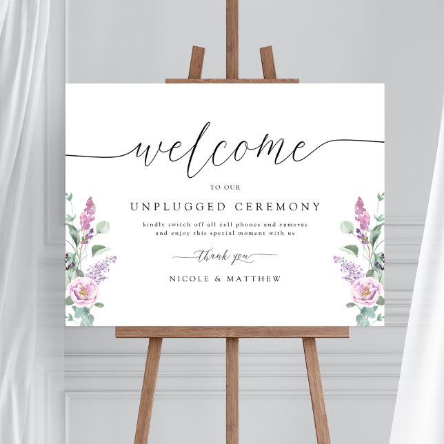 Chic Lila, Mauve Floral Unplugged Zeremony Sign Poster (Von Creator hochgeladen)