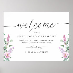 Chic Lila, Mauve Floral Unplugged Zeremony Sign Poster