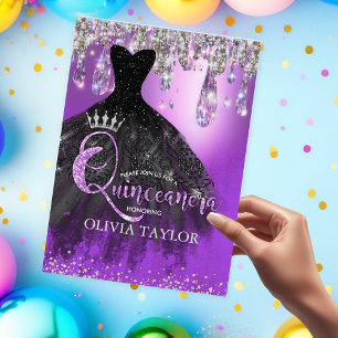 Chic lila silber Glitzer Tropfen Quinceanera Einladung