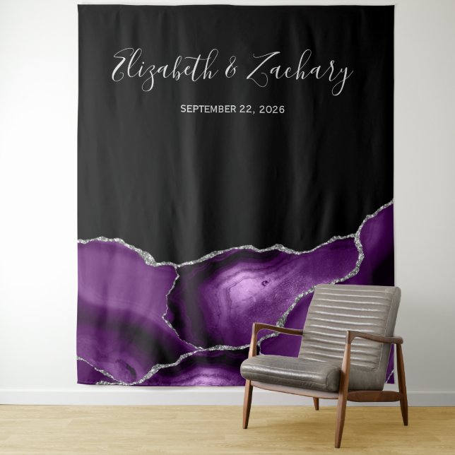Chic Lila Silver Agate Wedding Foto Booth Wandteppich (Beispiel)