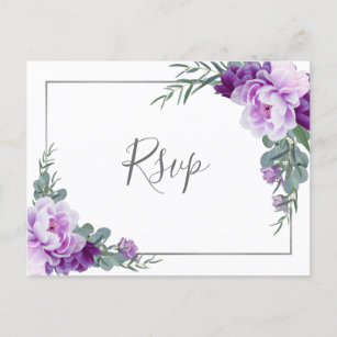 Chic Lila Silver Floral Eucalyptus Wedding RSVP Postkarte