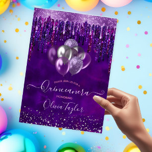 Chic lila Tropfens Glitzer Ballons Quinceanera Einladung