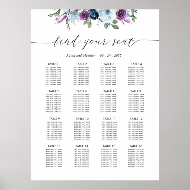 Chic Lila und Blue Wedding Seating Chart Sign Poster (Vorne)