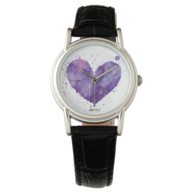 *~* Chic Lila Watercolor Girly Heart Leather Armbanduhr (Vorderseite)