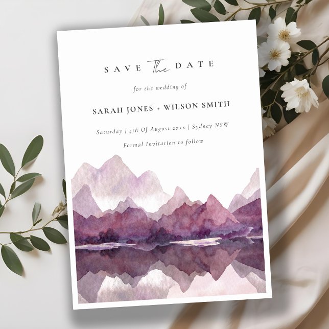 Chic Lila Watercolor Mountain Lake Save the Date Einladung (Von Creator hochgeladen)