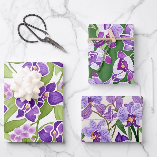 Chic Lila Watercolor Orchid Flora Geschenkpapier Set (Vorderseite)