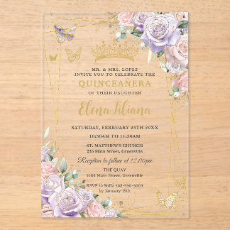 Chic Lilac Blush Rose Quinceanera Sweet 16 Acryleinladungen
