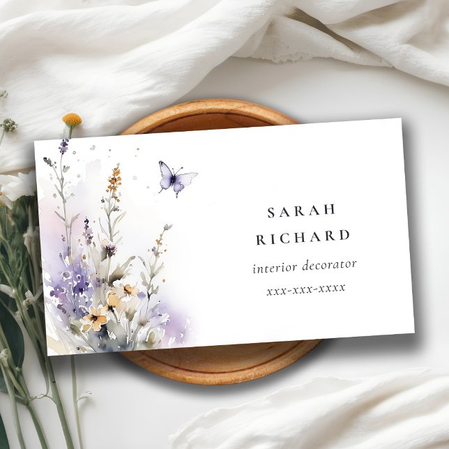 Chic Lilac Lila Wildblume Butterfly Wasserfarbe Visitenkarte (Von Creator hochgeladen)