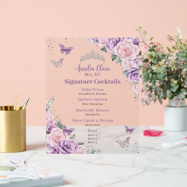 Chic Lilac Pink Floral Quinceanera Bar Drink Menü Acrylschild (Hochzeit)