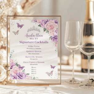 Chic Lilac Pink Floral Quinceanera Bar Drink Menü Poster