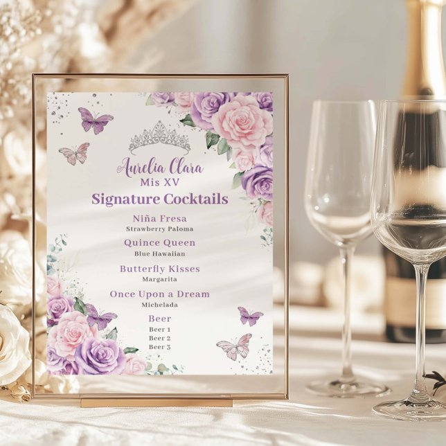 Chic Lilac Pink Floral Quinceanera Bar Drink Menü Poster (Von Creator hochgeladen)