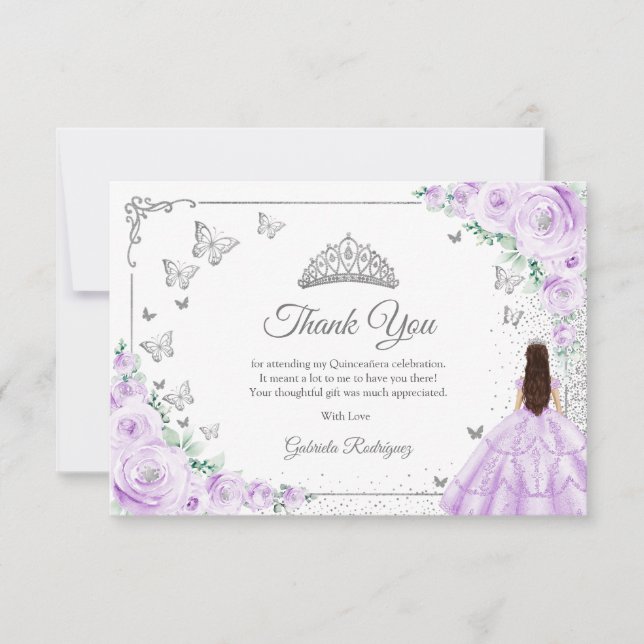 Chic Lilac Purple Roses Silver Quinceanera Dankeskarte (Vorderseite)