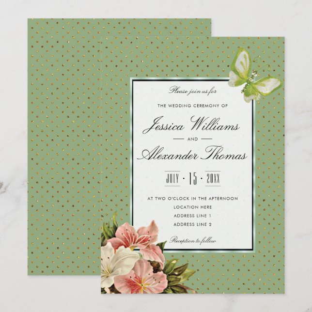 Chic Lilies & Gem Butterfly Hochzeit Einladung (Vorne/Hinten)