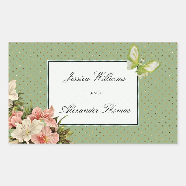 Chic Lilies & Gem Butterfly Wedding Rechteckiger Aufkleber (Vorderseite)