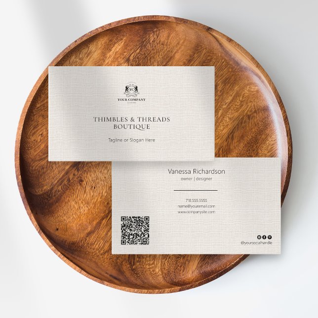 Chic Linen Simple Business Logo QR Marketing Visitenkarte (Von Creator hochgeladen)