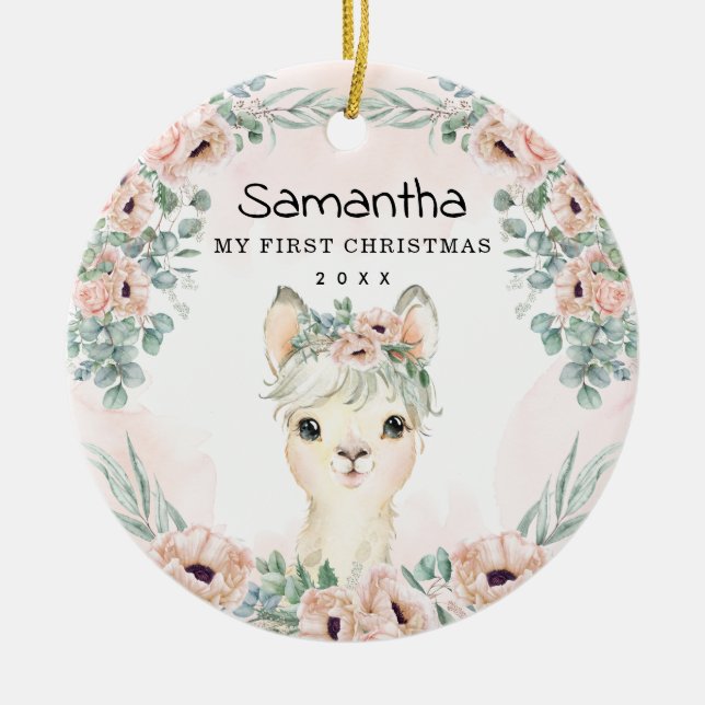 Chic Llama Blush Floral Baby Girl First Christmas Keramik Ornament (Vorne)