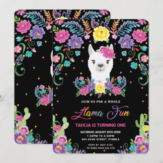 Chic Llama Fun Mexican Floral 1. Geburtstag Party Einladung
