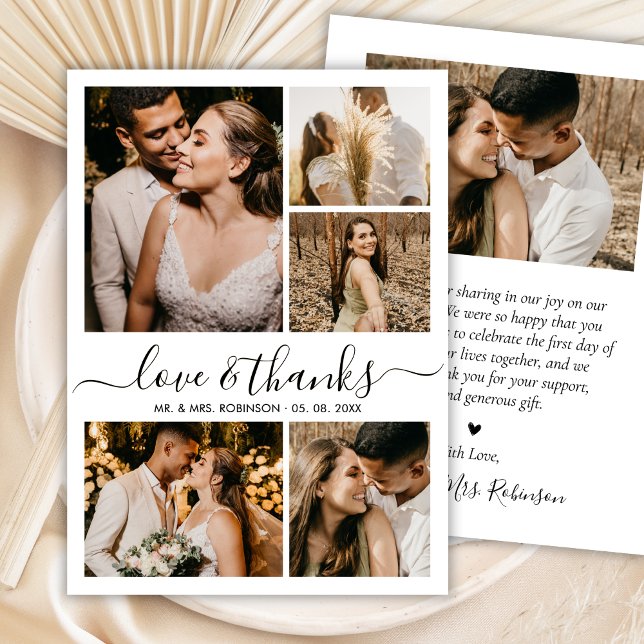 Chic Love and Thanks Script Photo Collage Wedding Dankeskarte (Von Creator hochgeladen)