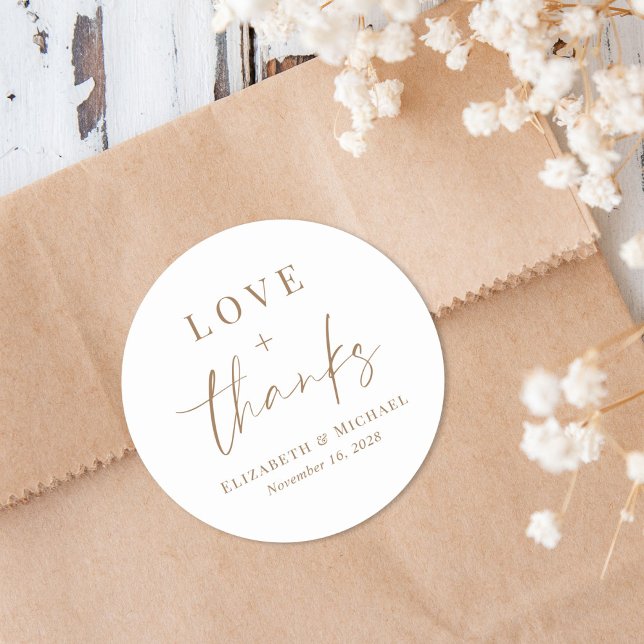 Chic Love und Dank Gold Script Hochzeit Runder Aufkleber (Von Creator hochgeladen)