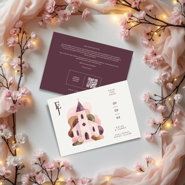 Chic Lovely Rustic Pink Tones Church Wedding Save The Date (Chic Lovely Rustic Pink Tones Church Illustration Wedding Save the Date with Initials and Back QR.)