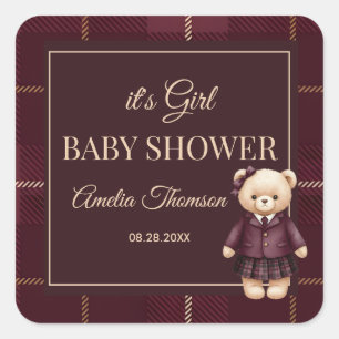 Chic Luxuriöser Teddybär-Baby-Shower Quadratischer Aufkleber