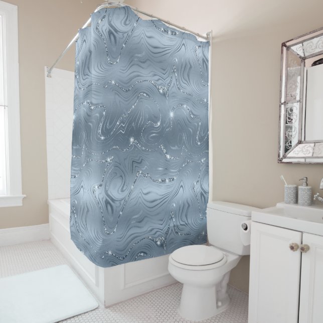 Chic Luxury Dusty Blue Silver Glitzer Duschvorhang (Beispiel)