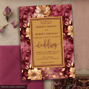 Chic Luxury Merlot Gold Floral Wedding Einladung