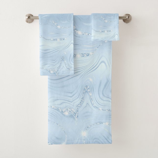 Chic Luxury Pastel Blue Silver Glitzer Badetuch Badhandtuch Set (Insitu)