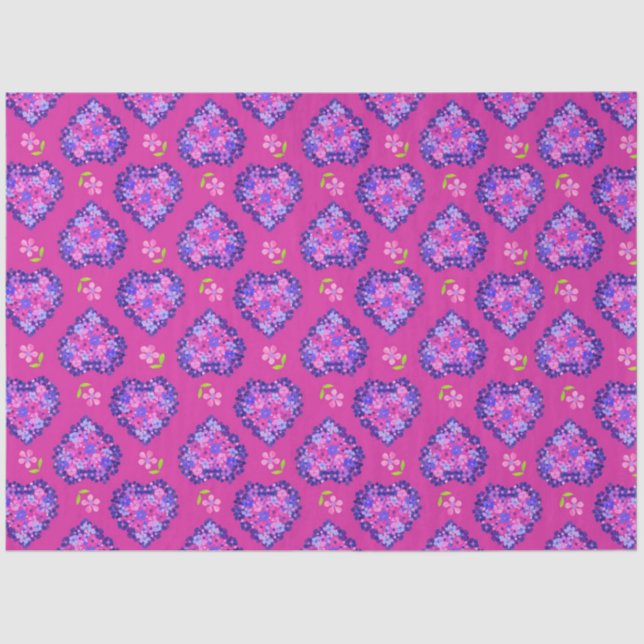 Chic Magenta Herz und Blume Tissue Paper Seidenpapier (Vorderseite)