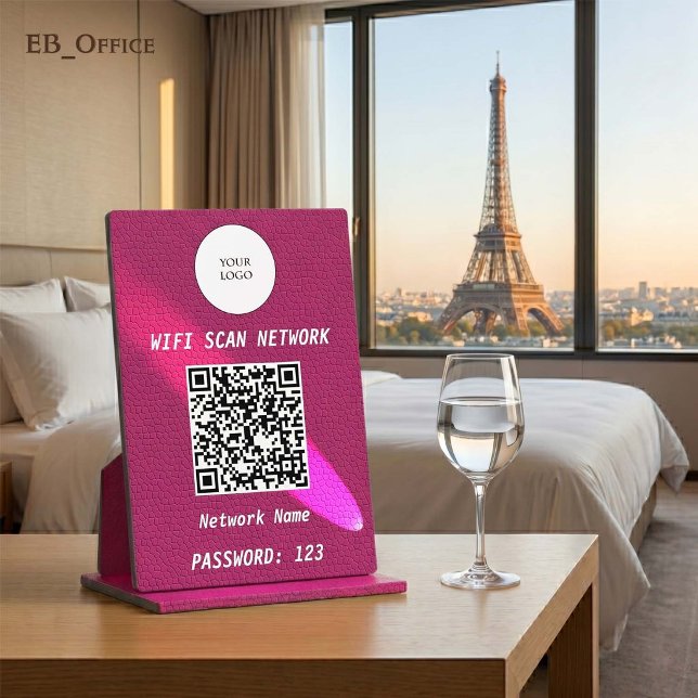 Chic Magenta Pinkes Lederspotlight QR Code Wifi  Fotoplatte (Luxury QR Code Wi-fi Tabletop Sign
& Logo
•	Magenta Leather pattern
•	5” x 7”
)