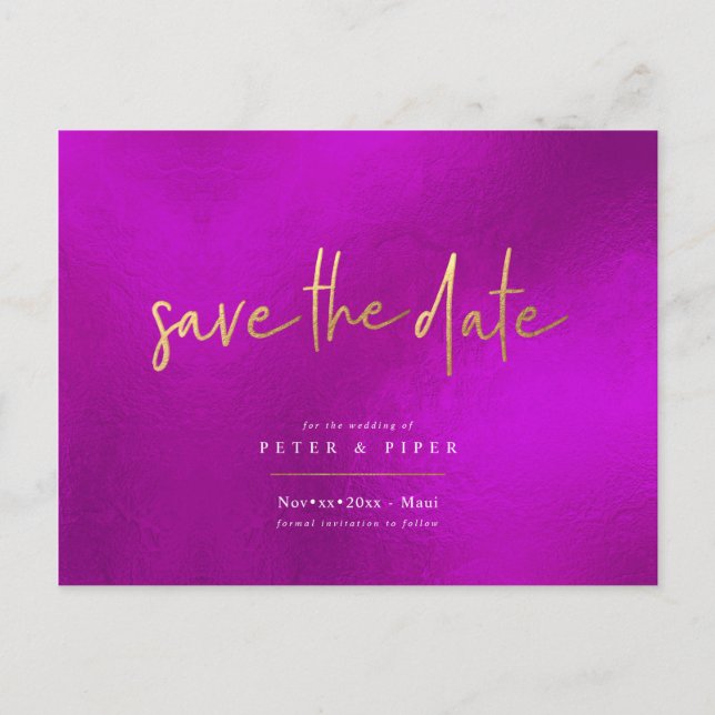 Chic Magenta+Signature-Skript, Save the Date Postkarte (Vorderseite)