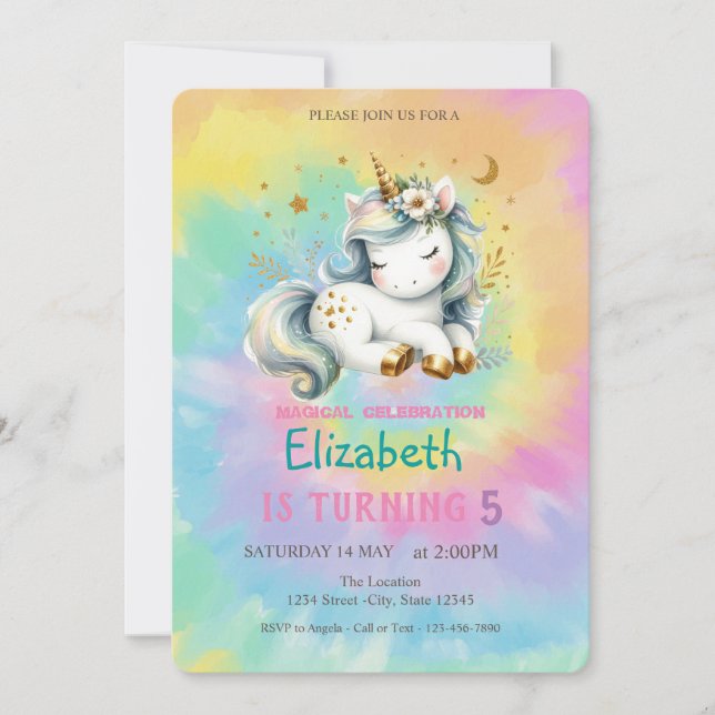 Chic Magical Unicorn Rainbow Gefärbte Krawatte Geb Einladung (Vorderseite)