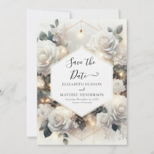 Chic Magical White Roses Wedding Save The Date