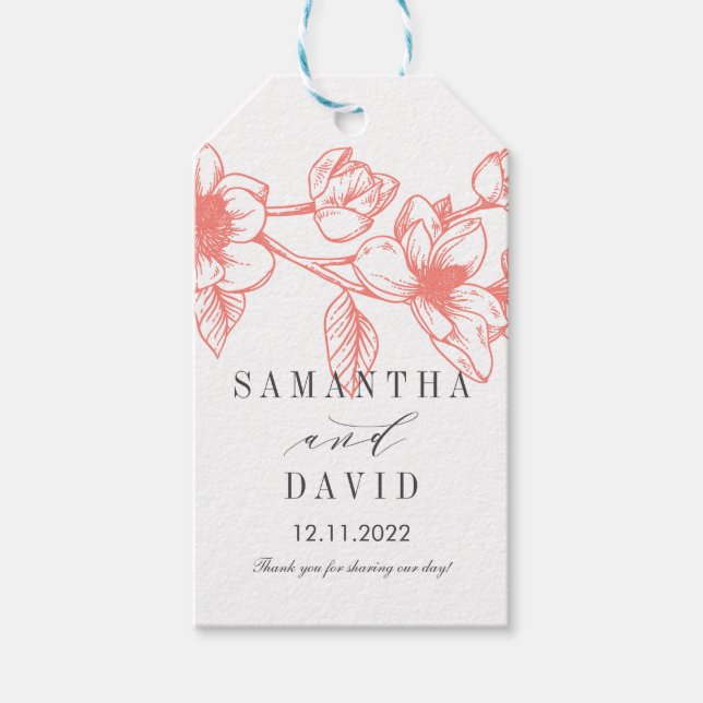 Chic Magnolia Blume | Korallen | Hochzeit Geschenkanhänger (Vorderseite)