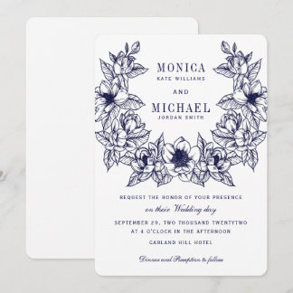 Chic Magnolia Wreath | Blue Wedding Einladung