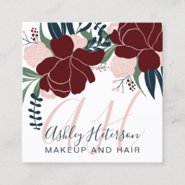 Chic Makeup Red Bloral Navy Skript Monogramm Quadratische Visitenkarte