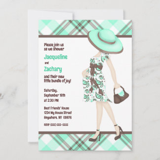 Chic Mama to be Aquamarin Green Brown Kariert Baby Einladung