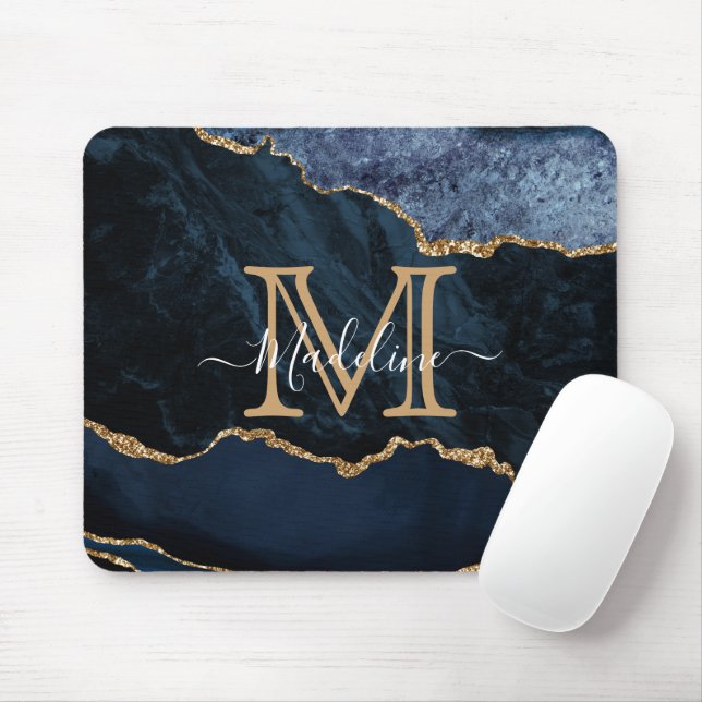 Chic Marble Agate Geode Navy Blue Gold Monogram Mousepad (Mit Mouse)
