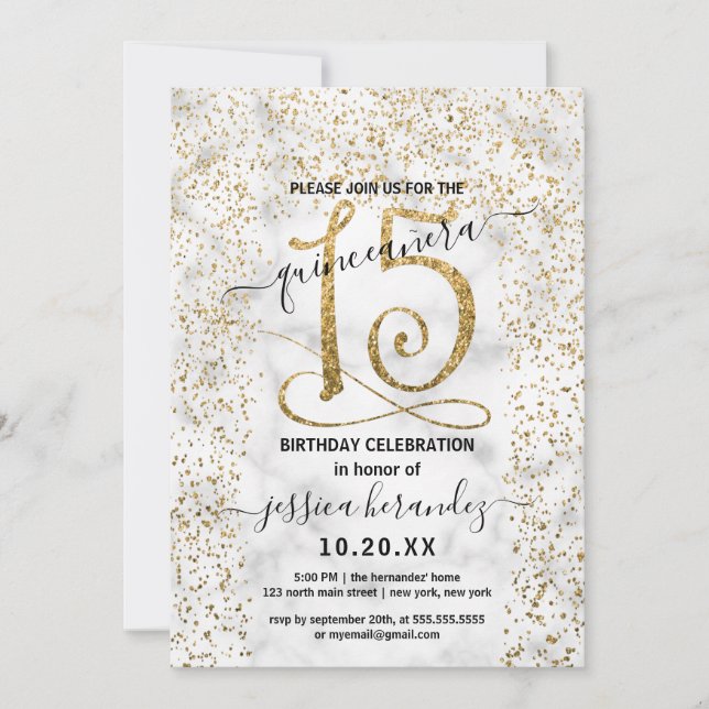 Chic Marble Gold Confetti Border Quinceañera Einladung (Vorderseite)