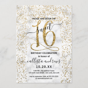 Chic Marble Gold Confetti Border Sweet 16 Einladung
