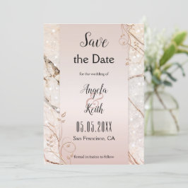 Chic Marble Rose Gold Floral Save the Date Karte