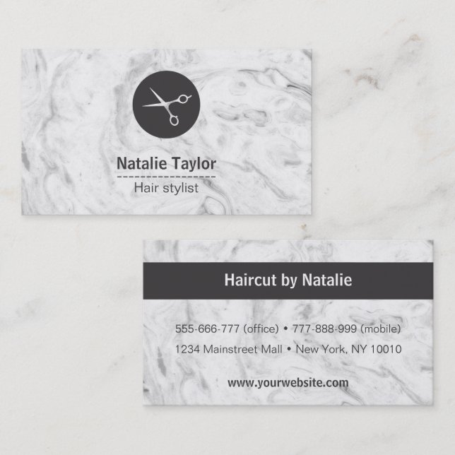 Chic Marble Texture Hair Stylist Business Cards Visitenkarte (Vorne/Hinten)