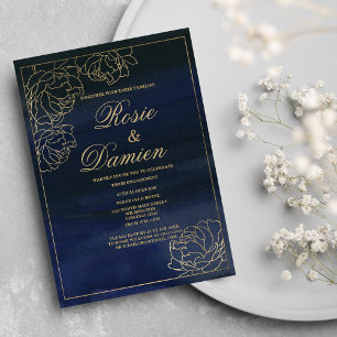 Chic Marine Aquarell Goldblume Verlobung Einladung