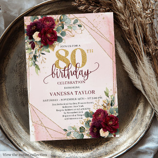 Chic Maroon White Gold Rose 80. Geburtstag Einladu Einladung