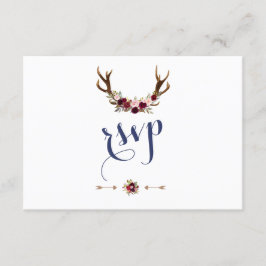 Chic Marsala Floral Antlers Navy Blue Wedding RSVP Karte