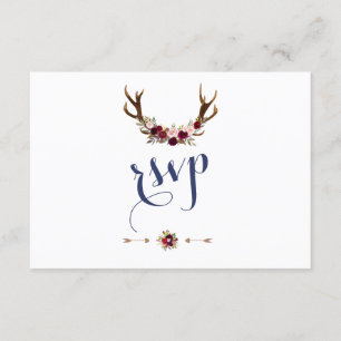Chic Marsala Floral Antlers Navy Blue Wedding RSVP Karte