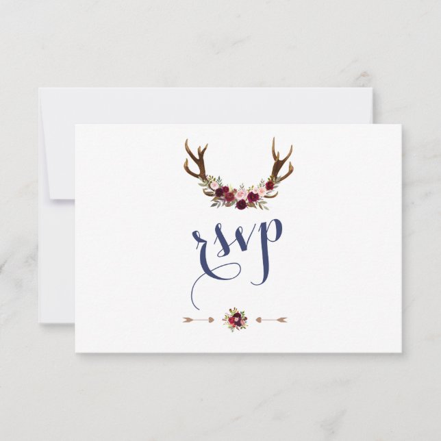 Chic Marsala Floral Antlers Navy Blue Wedding RSVP Karte (Vorderseite)