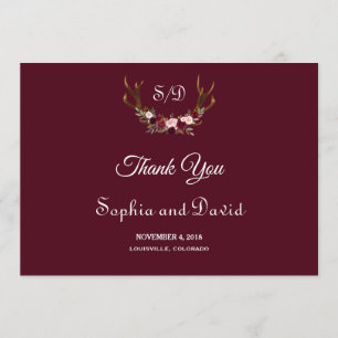 Chic Marsala Floral Antlers Wedding Vielen Dank Dankeskarte