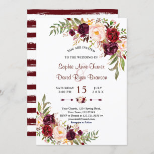 Chic Marsala floral Burgundy Stripes Wedding Einladung